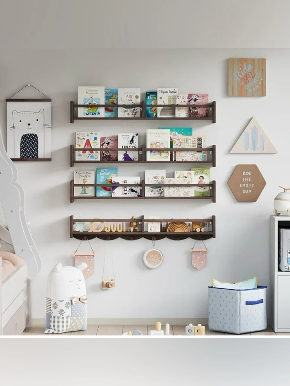 34Inch Nursery Bookshelves,Set of 4,Wall Floating Shelf , DARK BROWN, SEALED